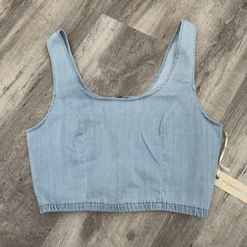 Iris Basic Chambray Tank Top Women Medium Blue Jean Sleeveless Elastic Waist NEW